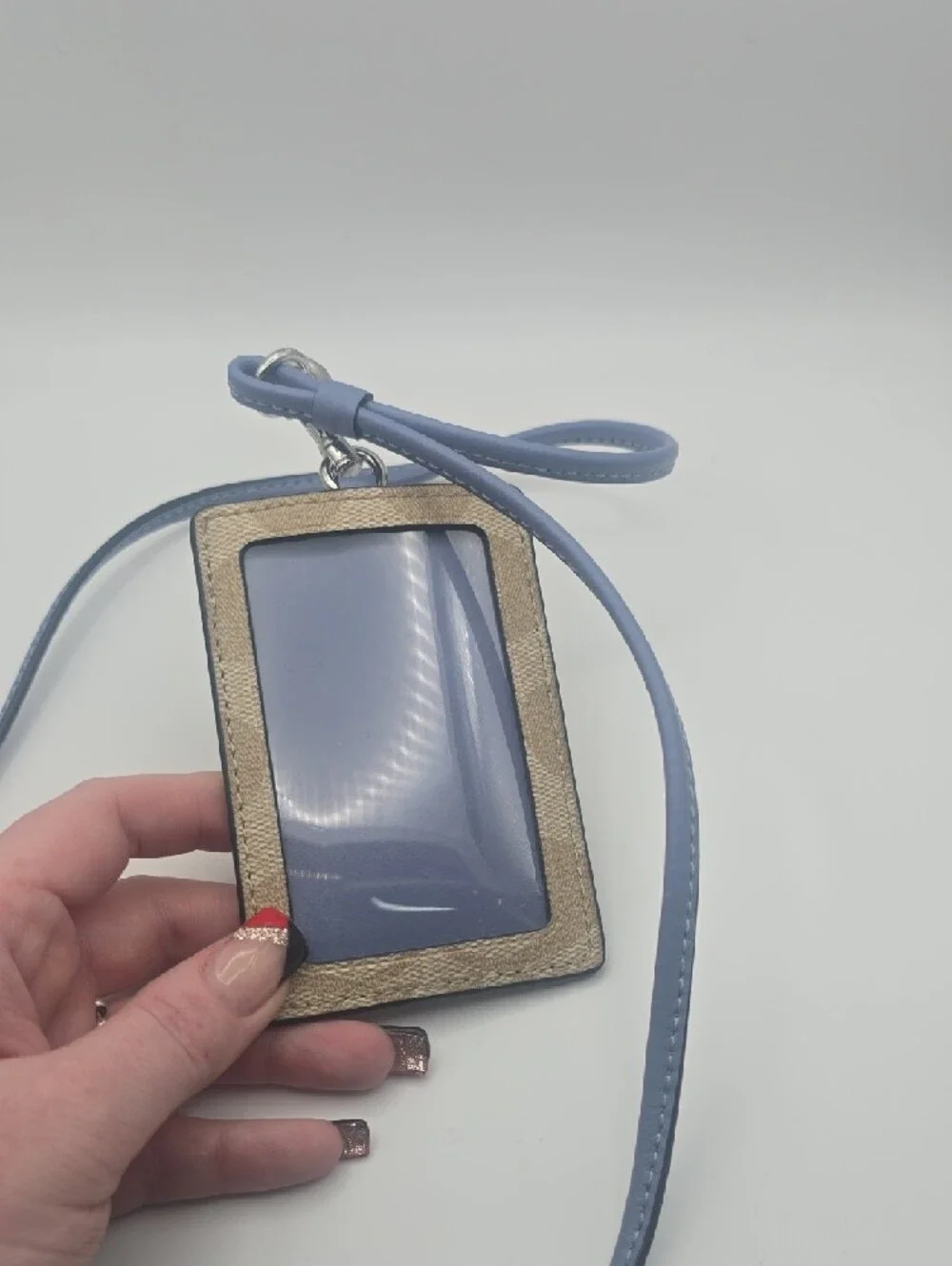 Coach Beige Signature Mono ID/Card Holder Lanyard Light Blue Trim/Strap (EUC)💙
